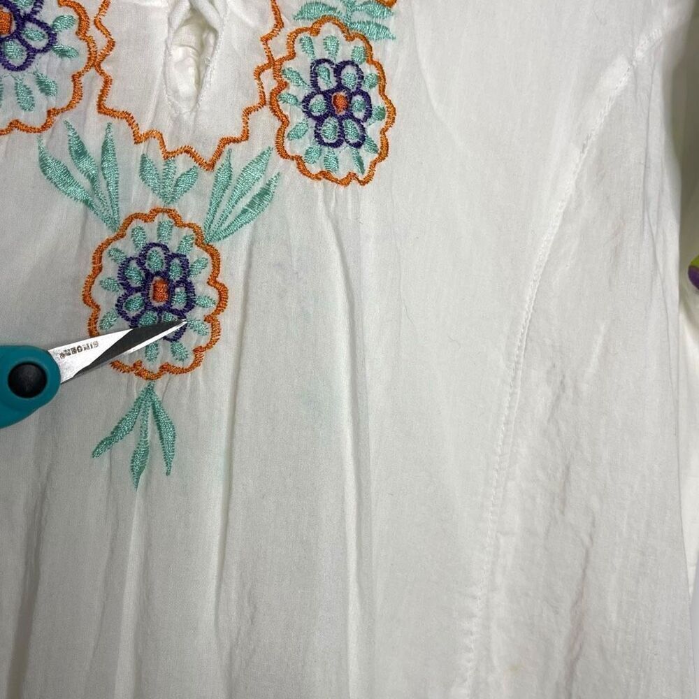 Siya White Colorful Floral Embroidered Cotton Blouse Tunic Top Women’s Large - Picture 9 of 11